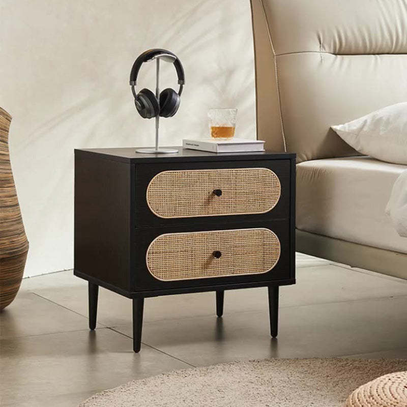 Mid-Century Wood Rattan Nightstand 2-Drawer