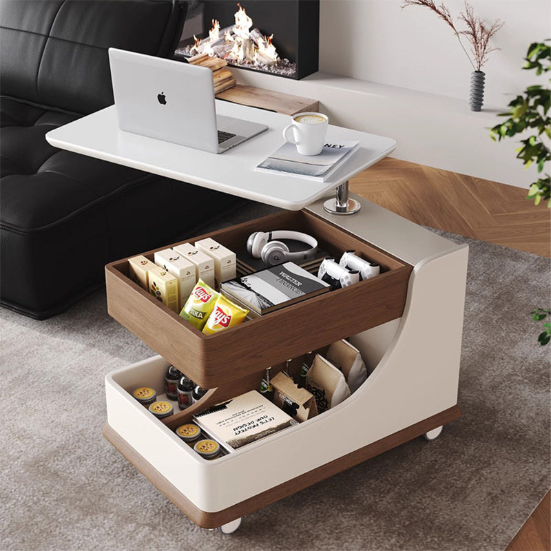 Minimalist Liftable Wood Rock Slab 3-Tier Side Table — White