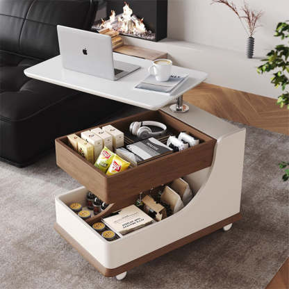 Minimalist Liftable Wood Rock Slab 3-Tier Side Table — White