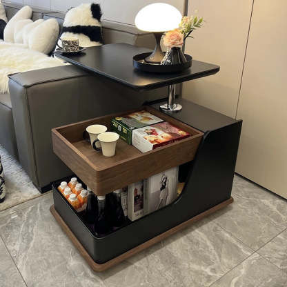 Minimalist Liftable Wood Rock Slab 3-Tier Side Table — Black