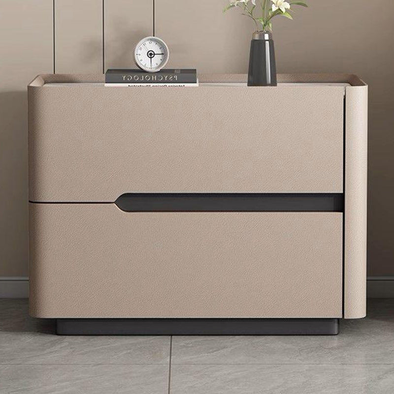 Minimalist Cream Wood Rock Slab Leather 2-Drawer Nightstand — Coffee Color