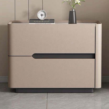 Minimalist Cream Wood Rock Slab Leather 2-Drawer Nightstand — Coffee Color