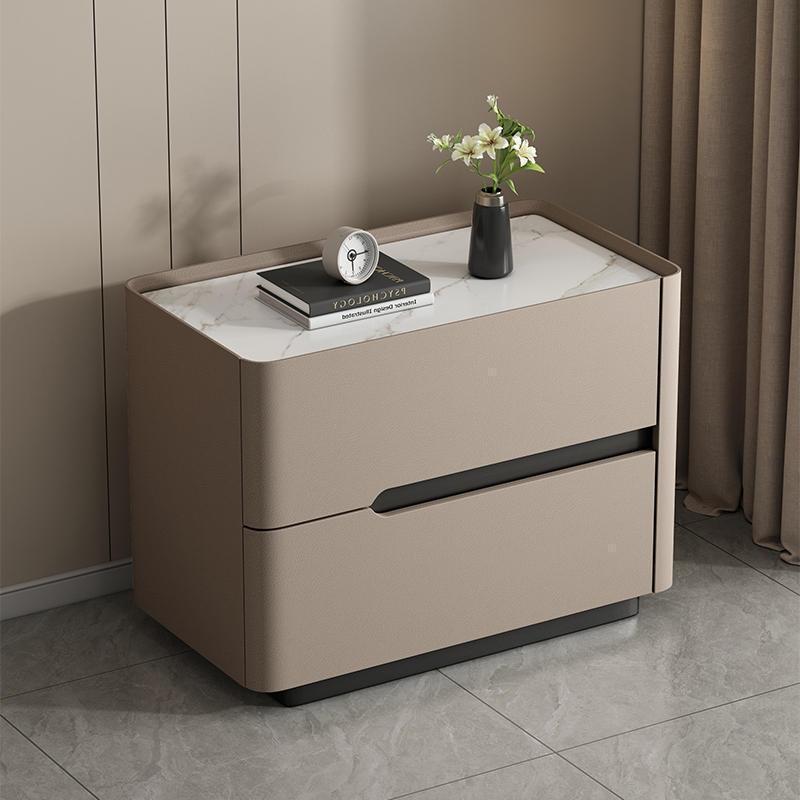 Minimalist Cream Wood Rock Slab Leather 2-Drawer Nightstand — White