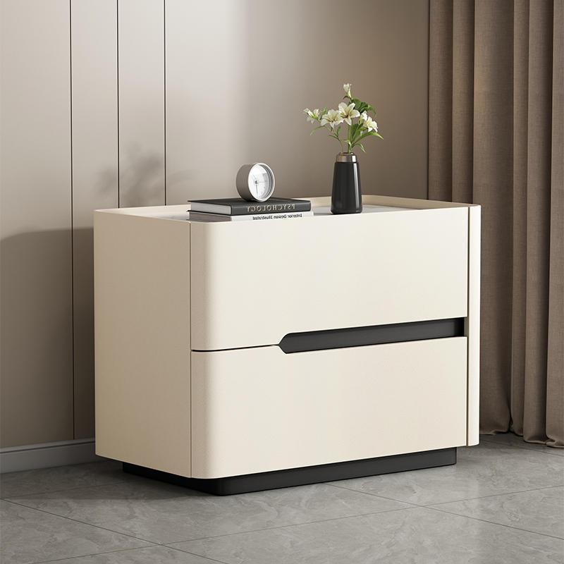 Minimalist Cream Wood Rock Slab Leather 2-Drawer Nightstand — Gray