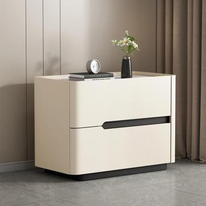 Minimalist Cream Wood Rock Slab Leather 2-Drawer Nightstand — Gray
