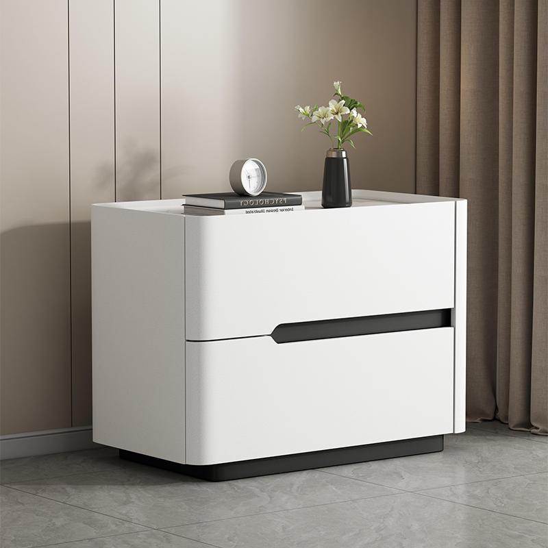 Minimalist Cream Wood Rock Slab Leather 2-Drawer Nightstand — White