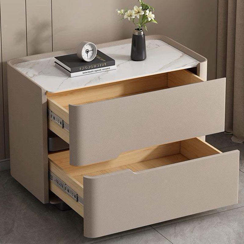 Minimalist Cream Wood Rock Slab Leather 2-Drawer Nightstand — Beige