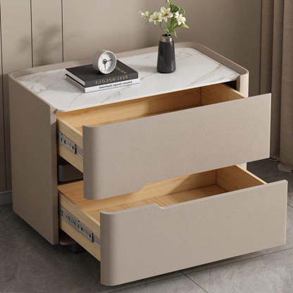 Minimalist Cream Wood Rock Slab Leather 2-Drawer Nightstand — Beige