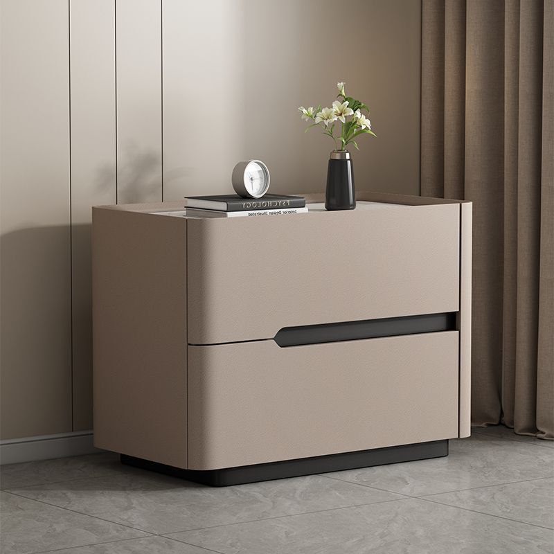 Minimalist Cream Wood Rock Slab Leather 2-Drawer Nightstand — Dark Gray
