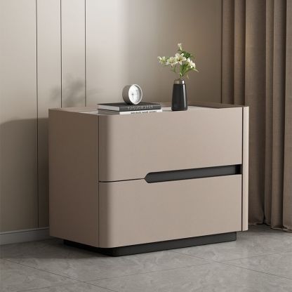 Minimalist Cream Wood Rock Slab Leather 2-Drawer Nightstand — Dark Gray