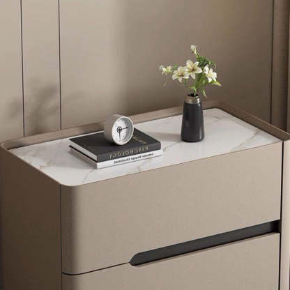 Minimalist Cream Wood Rock Slab Leather 2-Drawer Nightstand — Orange
