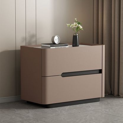 Minimalist Cream Wood Rock Slab Leather 2-Drawer Nightstand — Khaki