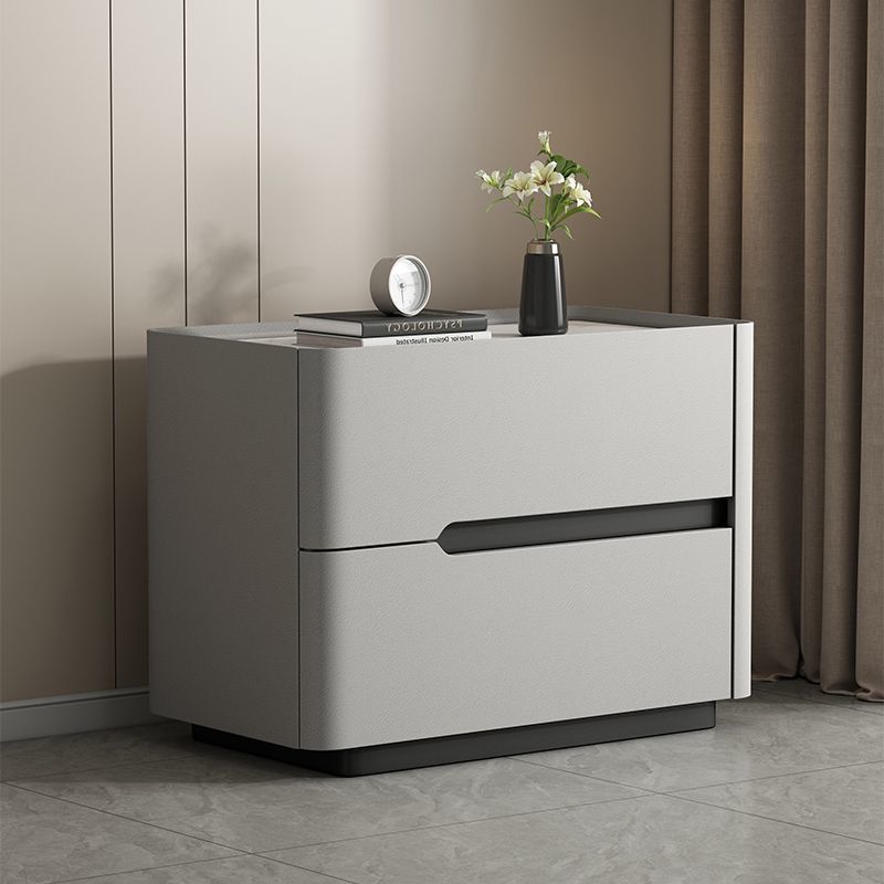 Minimalist Cream Wood Rock Slab Leather 2-Drawer Nightstand — Beige