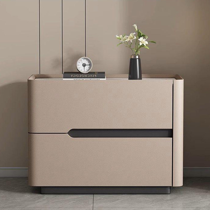 Minimalist Cream Wood Rock Slab Leather 2-Drawer Nightstand — Khaki