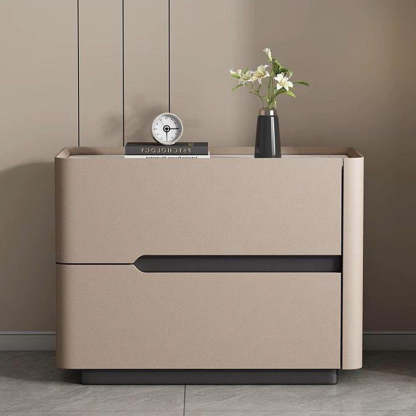 Minimalist Cream Wood Rock Slab Leather 2-Drawer Nightstand — Khaki