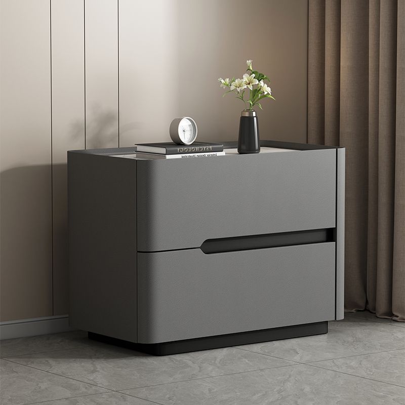 Minimalist Cream Wood Rock Slab Leather 2-Drawer Nightstand — Gray
