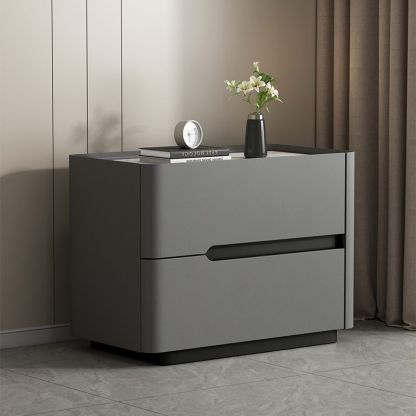 Minimalist Cream Wood Rock Slab Leather 2-Drawer Nightstand — Gray