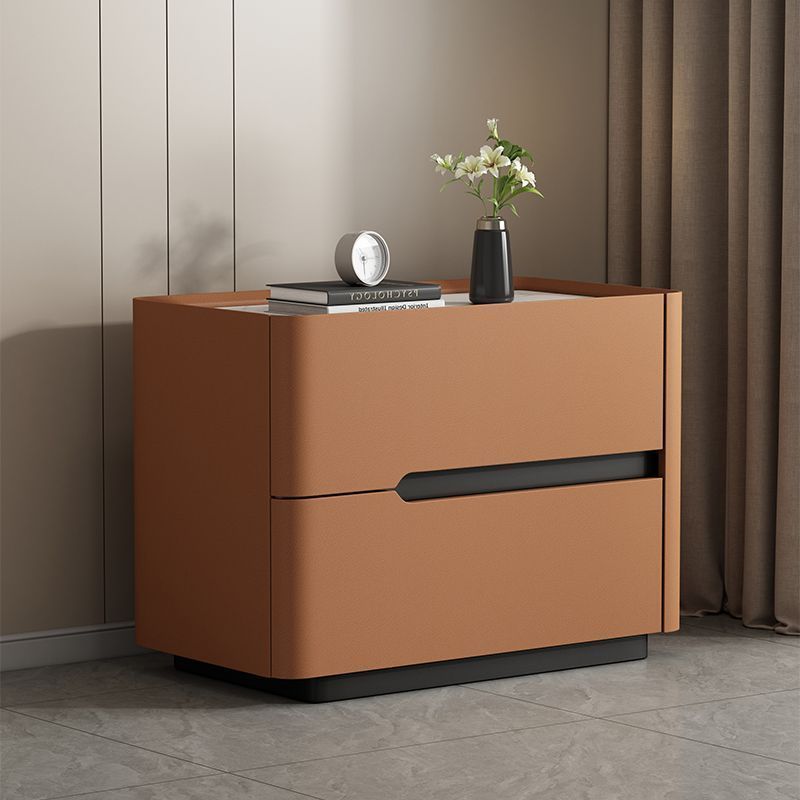 Minimalist Cream Wood Rock Slab Leather 2-Drawer Nightstand — Coffee Color