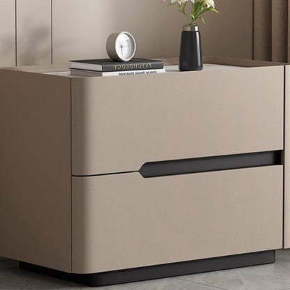 Minimalist Cream Wood Rock Slab Leather 2-Drawer Nightstand — Orange