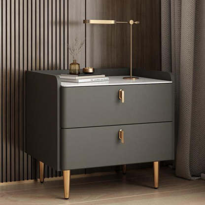 Modern Luxury Rectangle Square Wood Rock Slab Nightstand 2-Drawer For Bedroom
