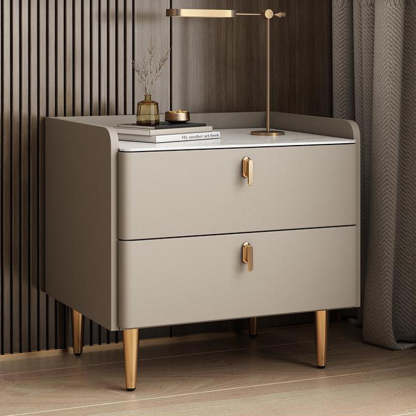 Modern Luxury Rectangle Square Wood Rock Slab Nightstand 2-Drawer For Bedroom