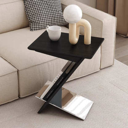 Minimalist Z-Shape Wood Metal Side Table — Black