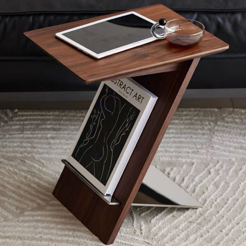 Minimalist Z-Shape Wood Metal Side Table — Walnut Color