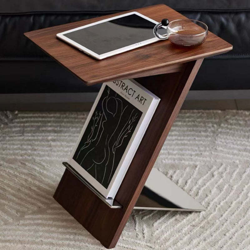 Minimalist Z-Shape Wood Metal Side Table — Walnut Color