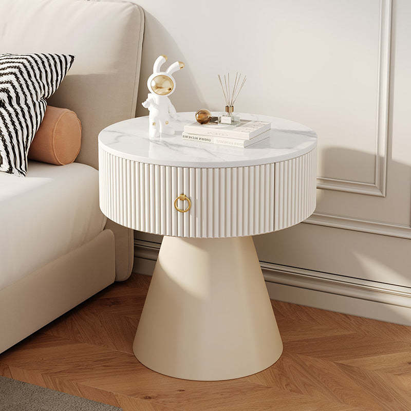 Scandinavian Cylinder Cone Rock Slab Nightstand — White + White Base