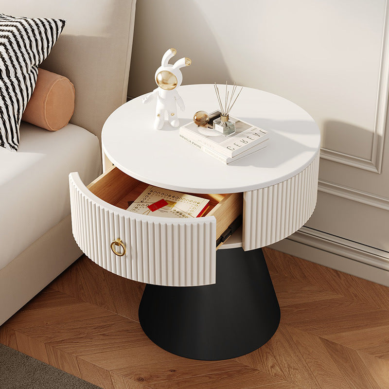 Scandinavian Cylinder Cone Rock Slab Nightstand — Marble White + White Base