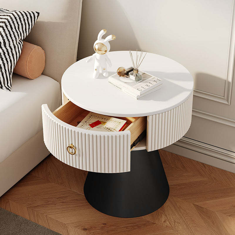Scandinavian Cylinder Cone Rock Slab Nightstand — Marble White + White Base