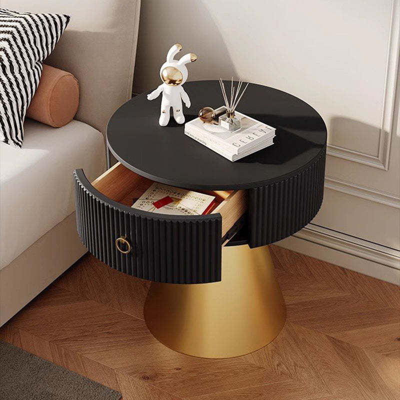 Scandinavian Cylinder Cone Rock Slab Nightstand — Marble White + Gold Base