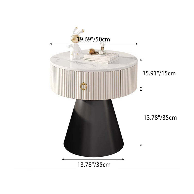 Scandinavian Cylinder Cone Rock Slab Nightstand — White + Gold Base