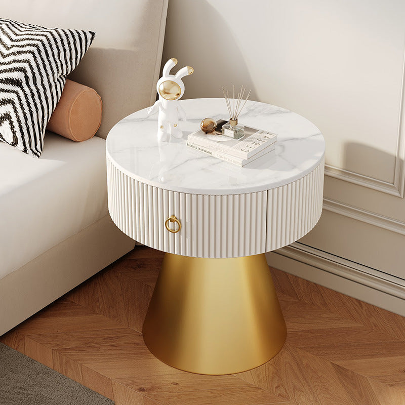 Scandinavian Cylinder Cone Rock Slab Nightstand — Marble White + Gold Base
