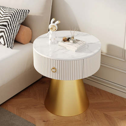 Scandinavian Cylinder Cone Rock Slab Nightstand — Marble White + Gold Base