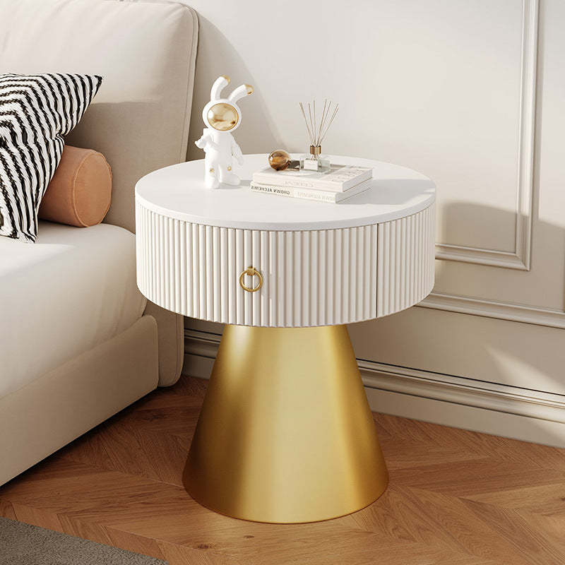 Scandinavian Cylinder Cone Rock Slab Nightstand — Marble White + White Base