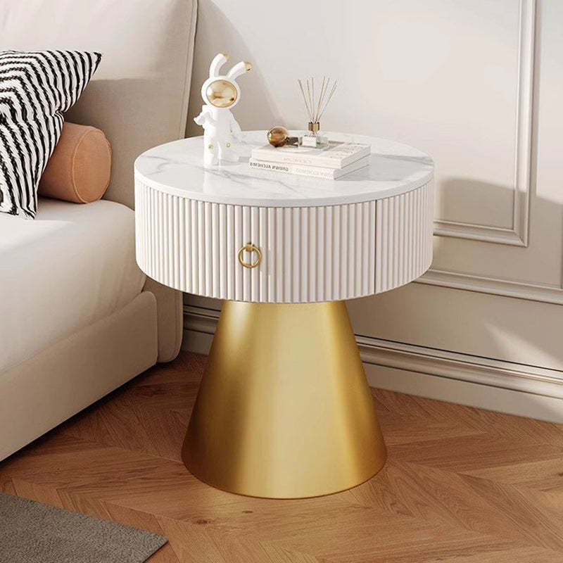 Scandinavian Cylinder Cone Rock Slab Nightstand — Black + Gold Base