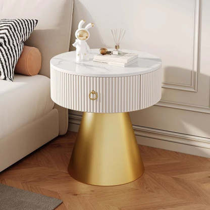 Scandinavian Cylinder Cone Rock Slab Nightstand — Black + Gold Base