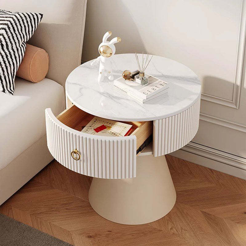Scandinavian Cylinder Cone Rock Slab Nightstand — White + Black Base