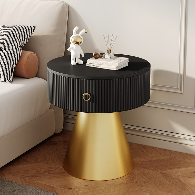 Scandinavian Cylinder Cone Rock Slab Nightstand — Black + Black Base