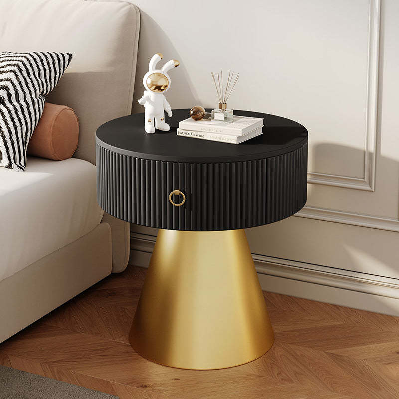Scandinavian Cylinder Cone Rock Slab Nightstand — Black + Black Base