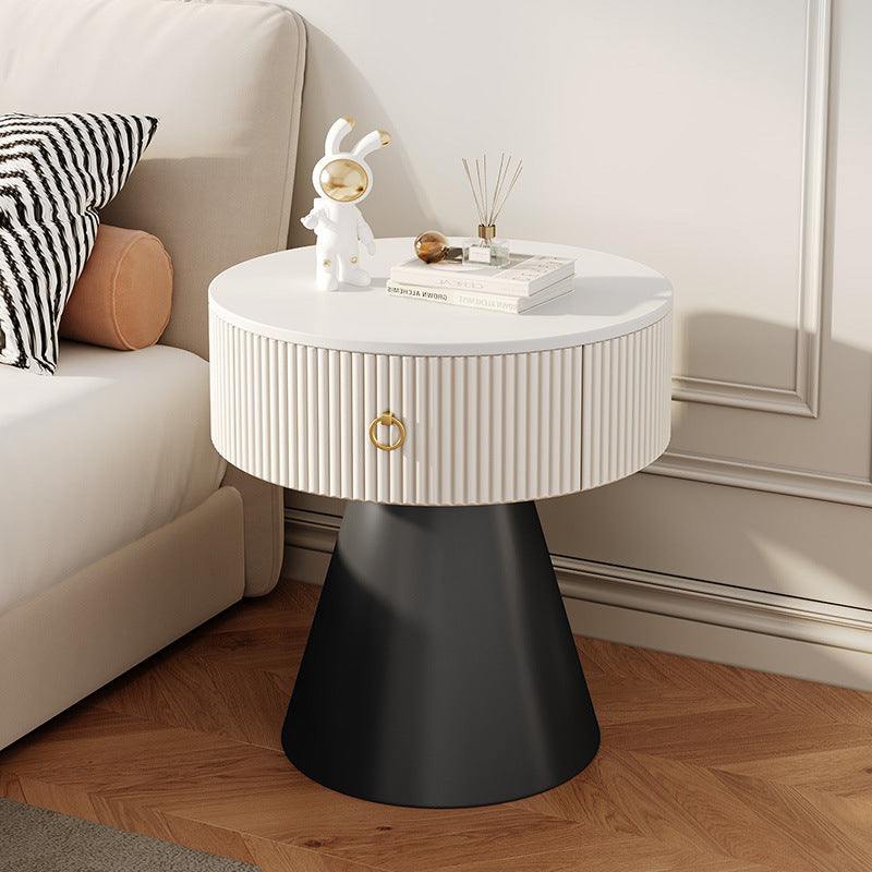 Scandinavian Cylinder Cone Rock Slab Nightstand — White + Black Base