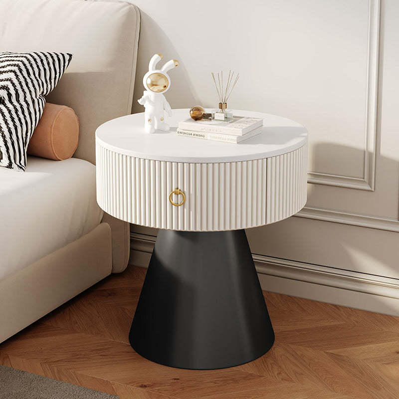 Scandinavian Cylinder Cone Rock Slab Nightstand — White + Black Base
