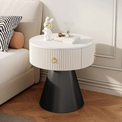 Scandinavian Cylinder Cone Rock Slab Nightstand — White + Black Base