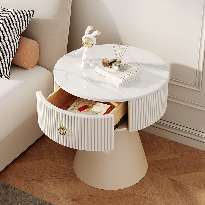 Scandinavian Cylinder Cone Rock Slab Nightstand — White + White Base