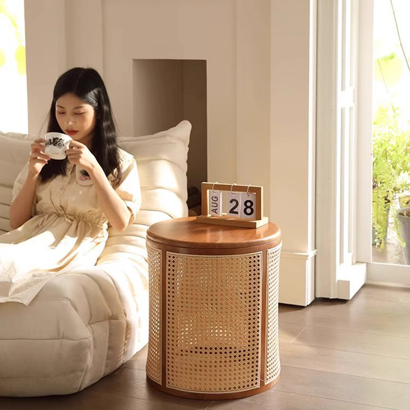 Japanese Cylinder Wood Rattan Side Table — Original Wood Color