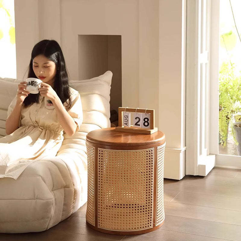 Japanese Cylinder Wood Rattan Side Table — Original Wood Color