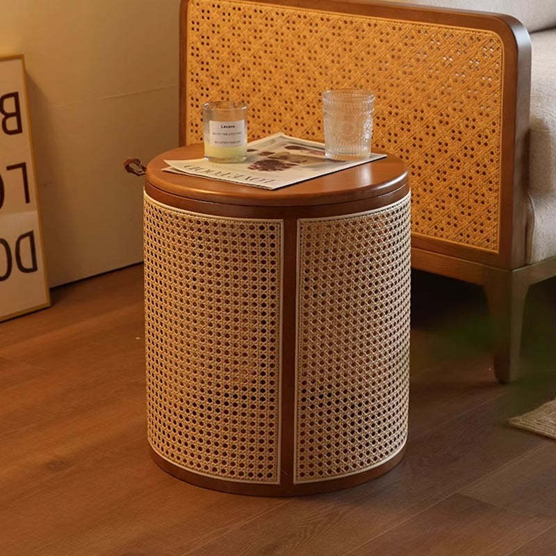 Japanese Cylinder Wood Rattan Side Table — Black