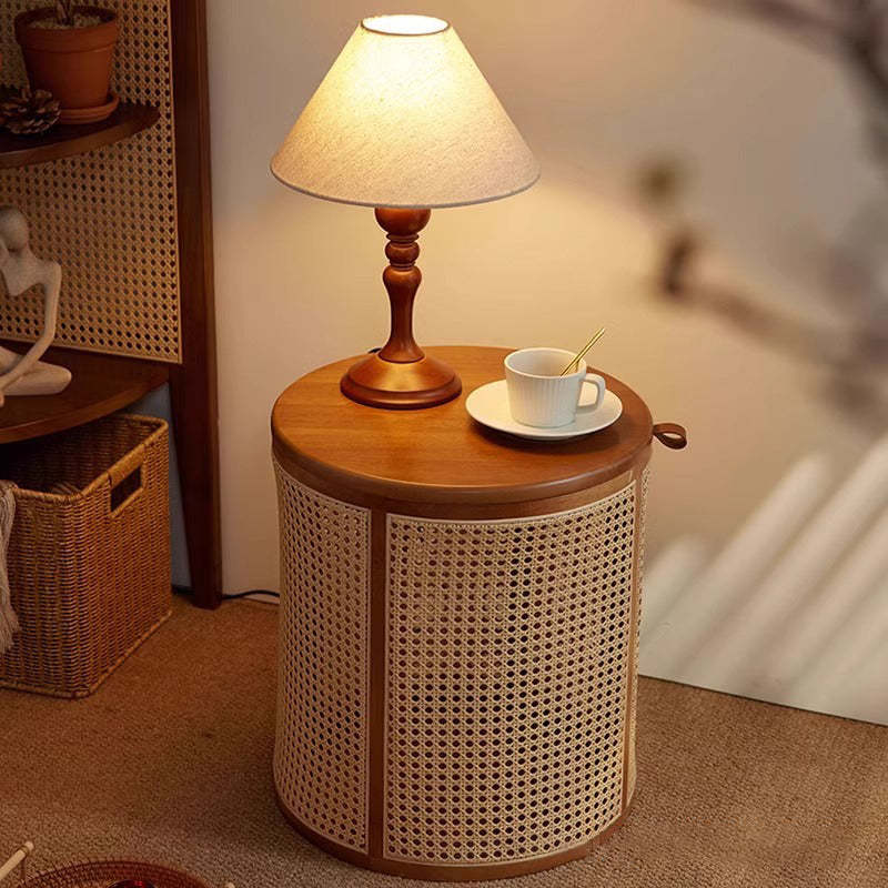 Japanese Cylinder Wood Rattan Side Table