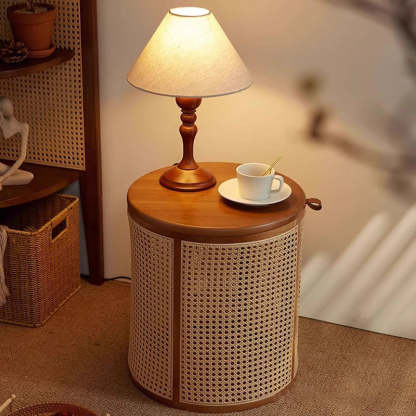 Japanese Cylinder Wood Rattan Side Table